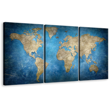 Load image into Gallery viewer, World Map Canvas Wall Art, Blue Flat Earth 3 Piece Canvas, Brown Abstract World Map Triptych Canvas Set
