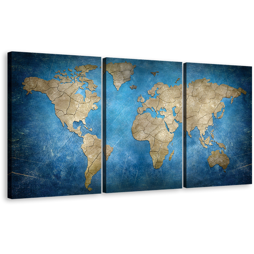 World Map Canvas Wall Art, Blue Flat Earth 3 Piece Canvas, Brown Abstract World Map Triptych Canvas Set