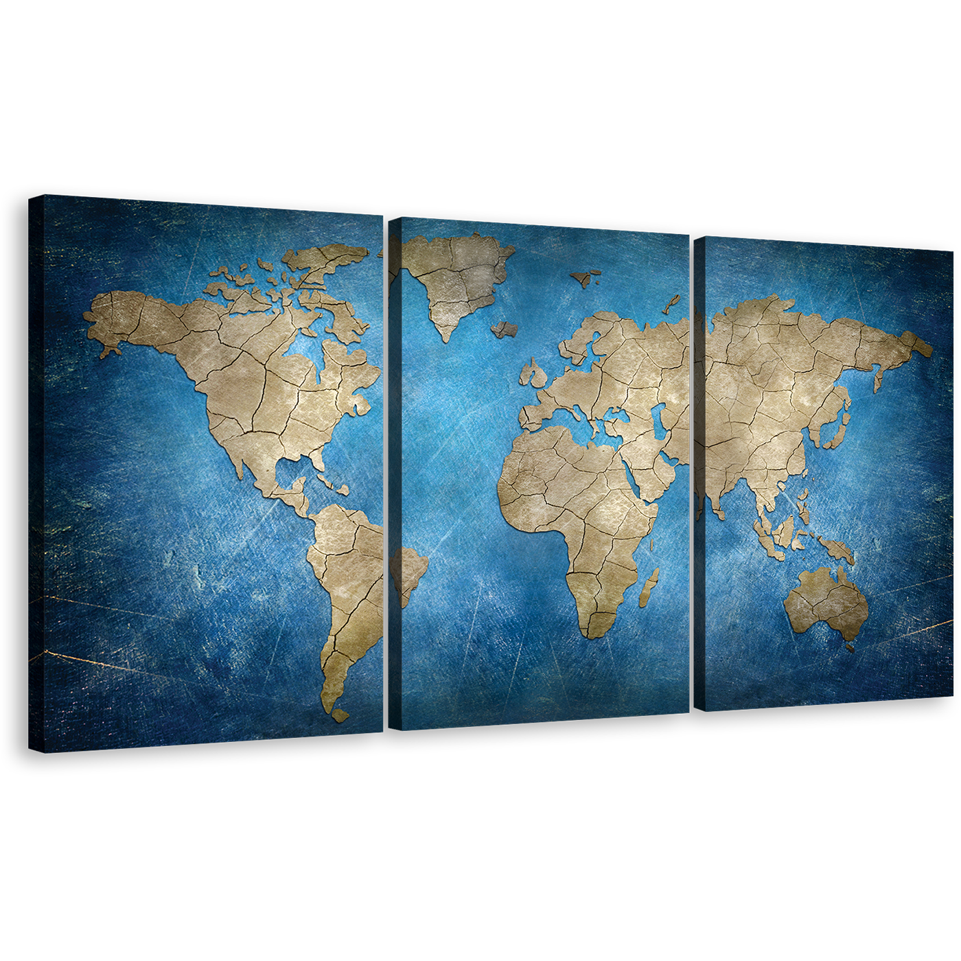 World Map Canvas Wall Art, Blue Flat Earth 3 Piece Canvas, Brown Abstract World Map Triptych Canvas Set