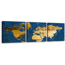 Load image into Gallery viewer, World Map Canvas Wall Art, Blue Flat Earth 3 Piece Canvas Set, Yellow Vintage World Map Canvas Print
