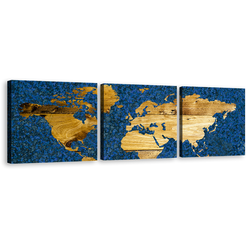 World Map Canvas Wall Art, Blue Flat Earth 3 Piece Canvas Set, Yellow Vintage World Map Canvas Print