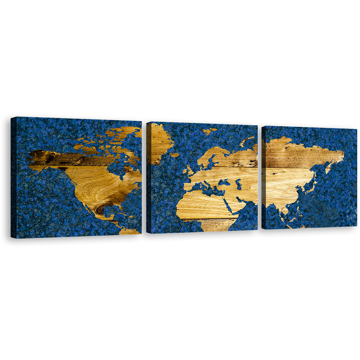 World Map Canvas Wall Art, Blue Flat Earth 3 Piece Canvas Set, Yellow Vintage World Map Canvas Print