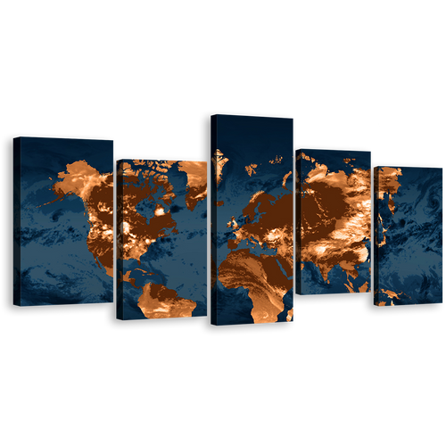 World Map Canvas Wall Art, Blue Flat Earth Multiple Canvas, Orange Abstract World Map 5 Piece Canvas Print