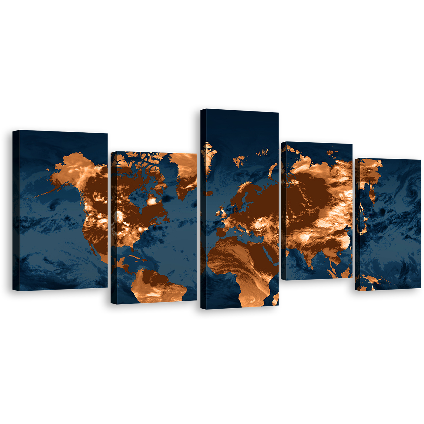 World Map Canvas Wall Art, Blue Flat Earth Multiple Canvas, Orange Abstract World Map 5 Piece Canvas Print