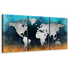 Load image into Gallery viewer, World Map Canvas Wall Art, Colorful Background 3 Piece Canvas Print
