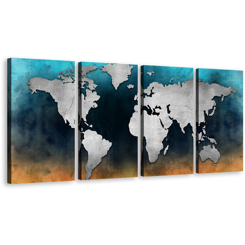 World Map Canvas Wall Art, Colorful Background 4 Piece Canvas Print