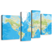 Load image into Gallery viewer, World Map Canvas Wall Art, Detailed Green Earth Map 4 Piece Canvas Print, Blue Abstract Flat World Multi Canvas Artwork
