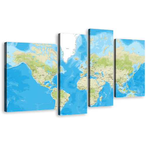 World Map Canvas Wall Art, Detailed Green Earth Map 4 Piece Canvas Print, Blue Abstract Flat World Multi Canvas Artwork