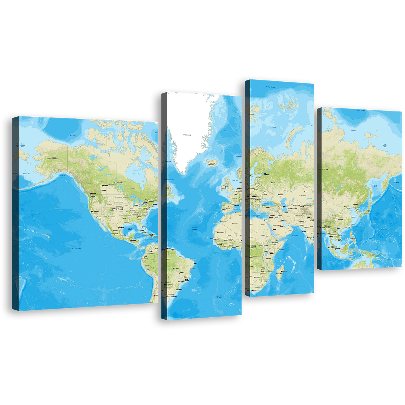 World Map Canvas Wall Art, Detailed Green Earth Map 4 Piece Canvas Print, Blue Abstract Flat World Multi Canvas Artwork