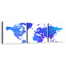 Load image into Gallery viewer, World Map Canvas Wall Art, Detailed World Map 3 Piece Canvas Set, Blue Purple Map of Continents Canvas Print
