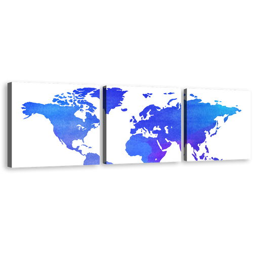 World Map Canvas Wall Art, Detailed World Map 3 Piece Canvas Set, Blue Purple Map of Continents Canvas Print