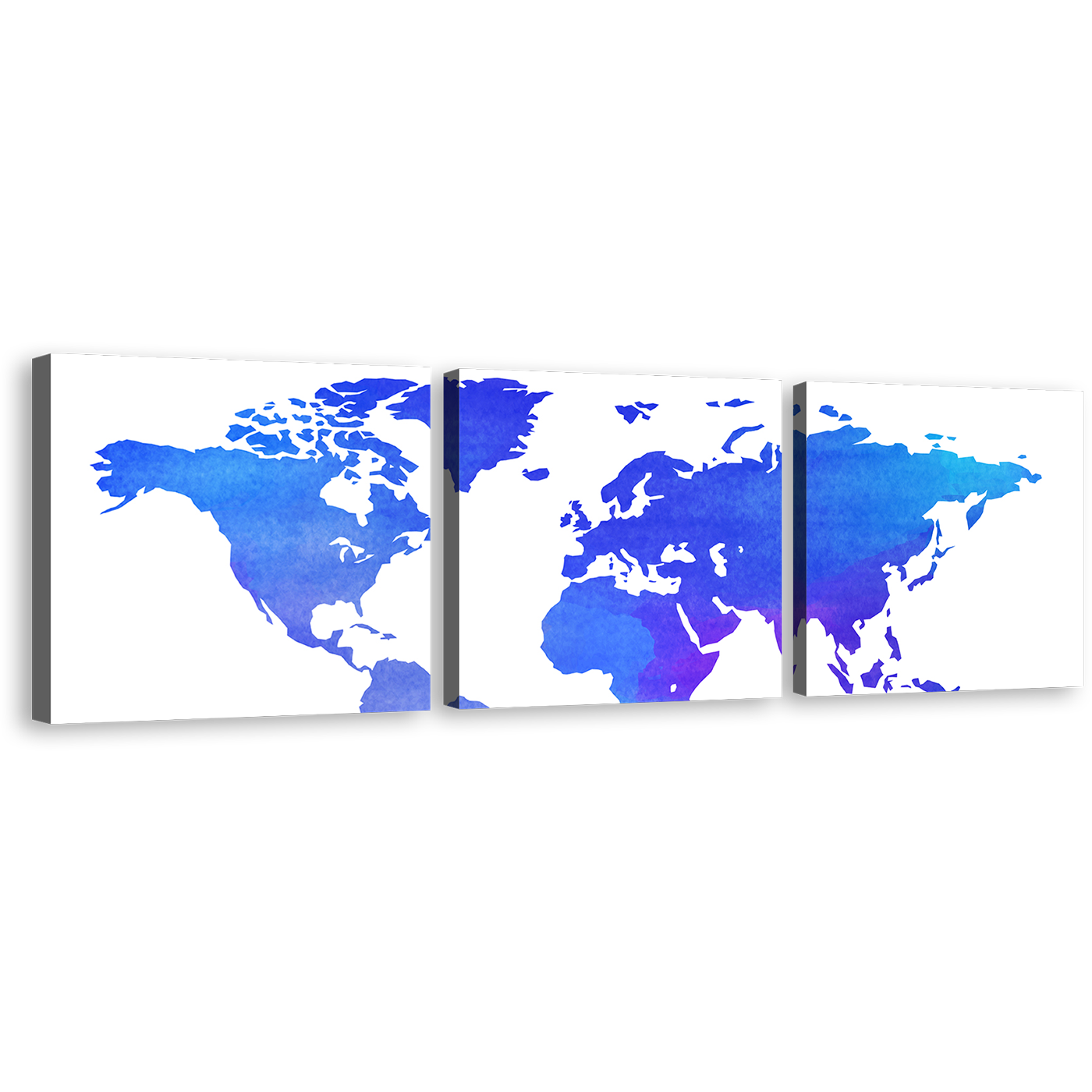 World Map Canvas Wall Art, Detailed World Map 3 Piece Canvas Set, Blue Purple Map of Continents Canvas Print