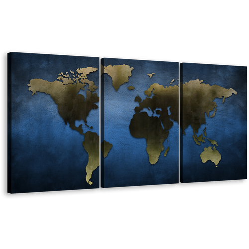 World Map Canvas Wall Art, Grey Flat Surface Blue Background 3 Piece Canvas Multi-panel Print