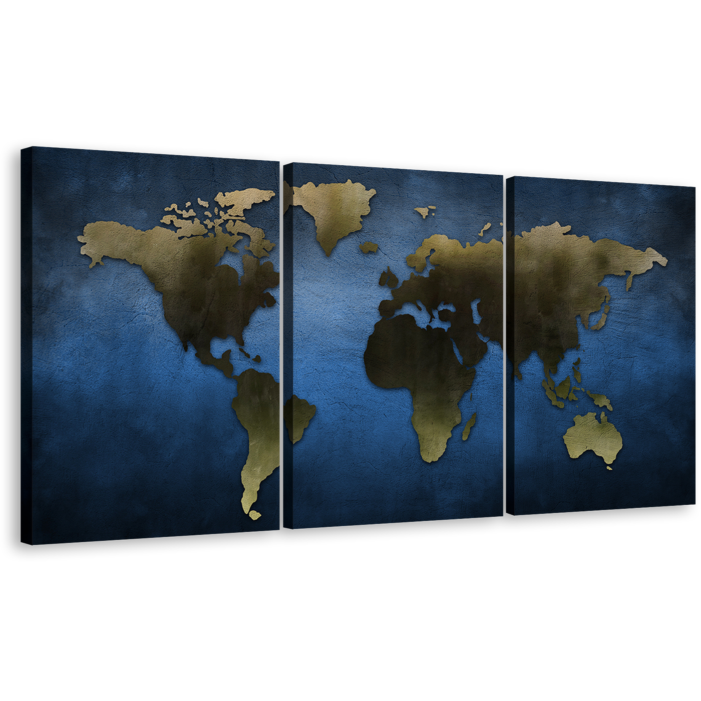 World Map Canvas Wall Art, Grey Flat Surface Blue Background 3 Piece Canvas Multi-panel Print