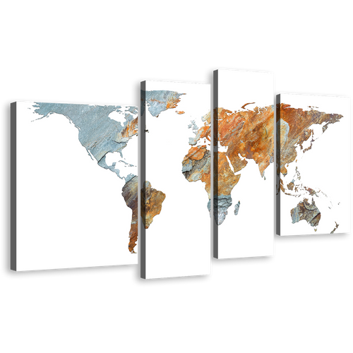 World Map Canvas Wall Art, Orange Abstract Globe 4 Piece Canvas Print, Grey World Map Digital Painting Canvas Set