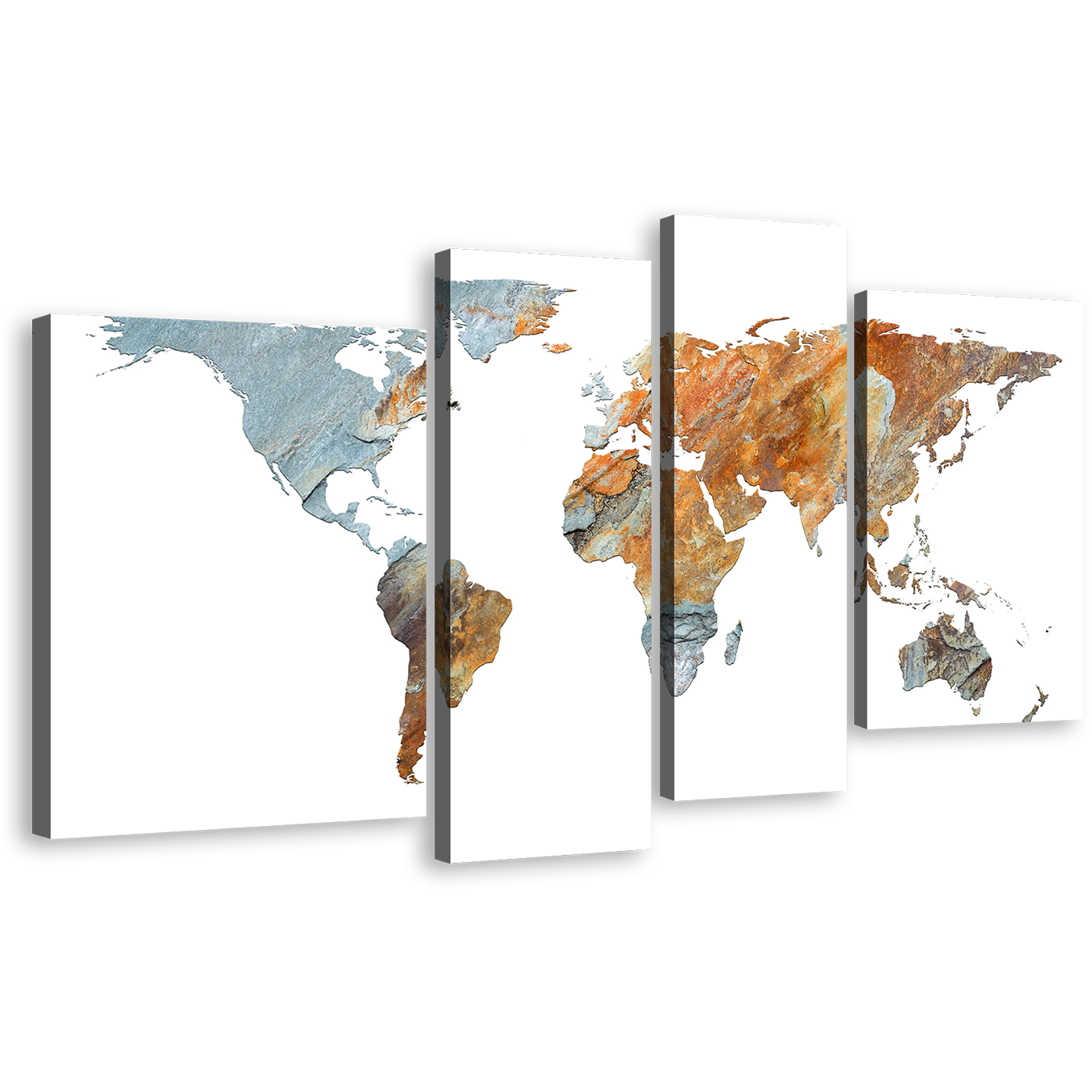 World Map Canvas Wall Art, Orange Abstract Globe 4 Piece Canvas Print, Grey World Map Digital Painting Canvas Set