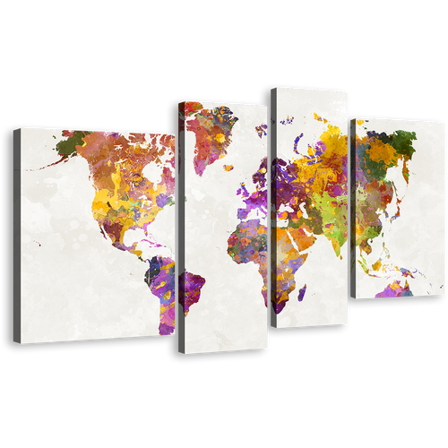 World Map Canvas Wall Art, White Background Abstract Flat Earth 4 Piece Canvas Print, Colorful Abstract World Map Digital Painting Canvas Set