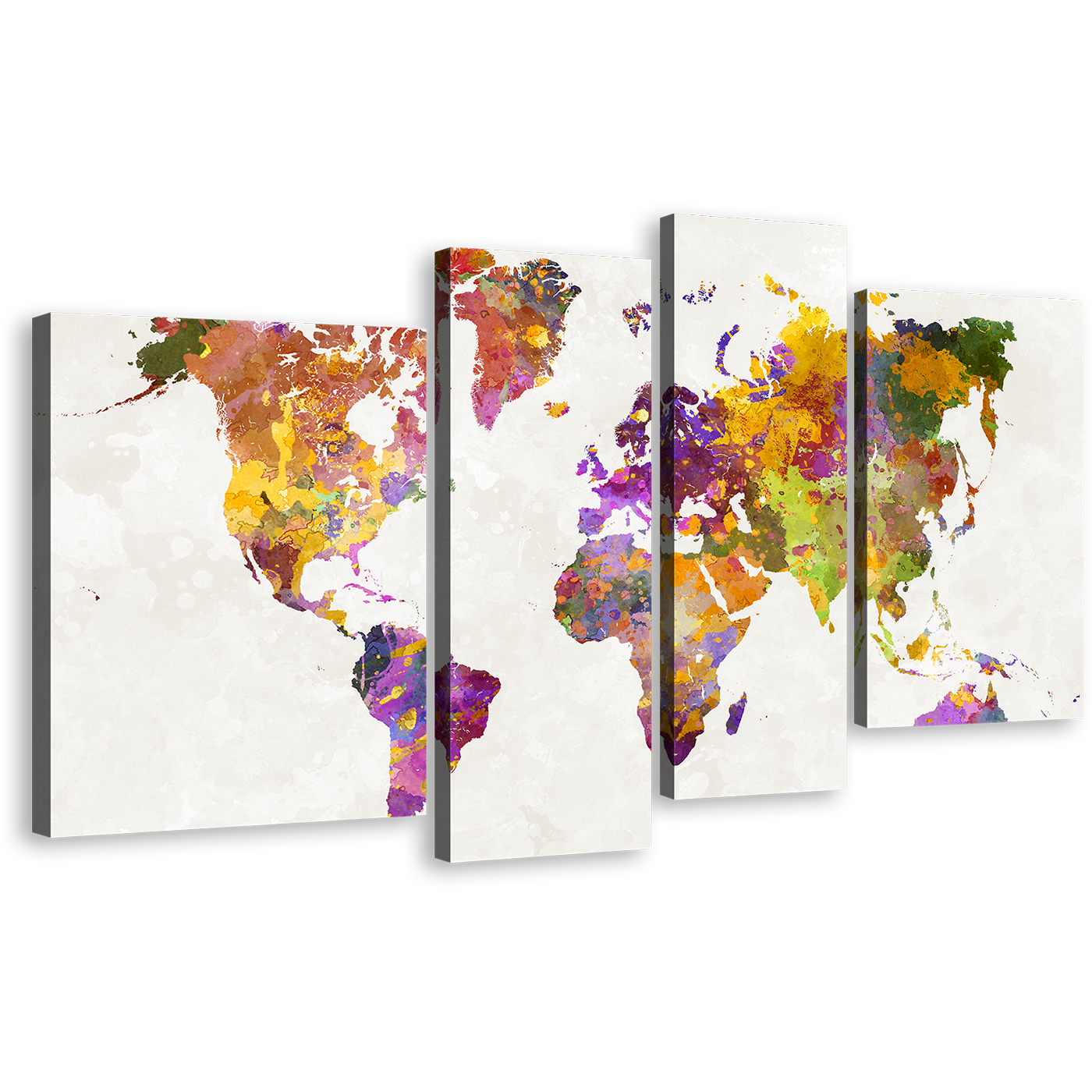 World Map Canvas Wall Art, White Background Abstract Flat Earth 4 Piece Canvas Print, Colorful Abstract World Map Digital Painting Canvas Set