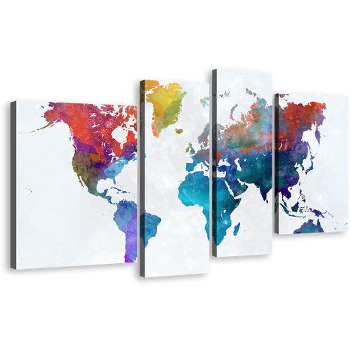 World Map Canvas Wall Art, White Globe Abstract World Map 4 Piece Canvas Print, Colorful Flat World Multi Canvas Artwork