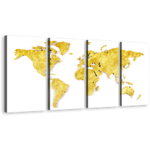 Load image into Gallery viewer, World Map Canvas Wall Art, White Globe Flat World 4 Piece Canvas Print, Yellow Map of Continents Multiple Canvas
