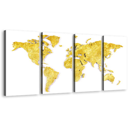 World Map Canvas Wall Art, White Globe Flat World 4 Piece Canvas Print, Yellow Map of Continents Multiple Canvas