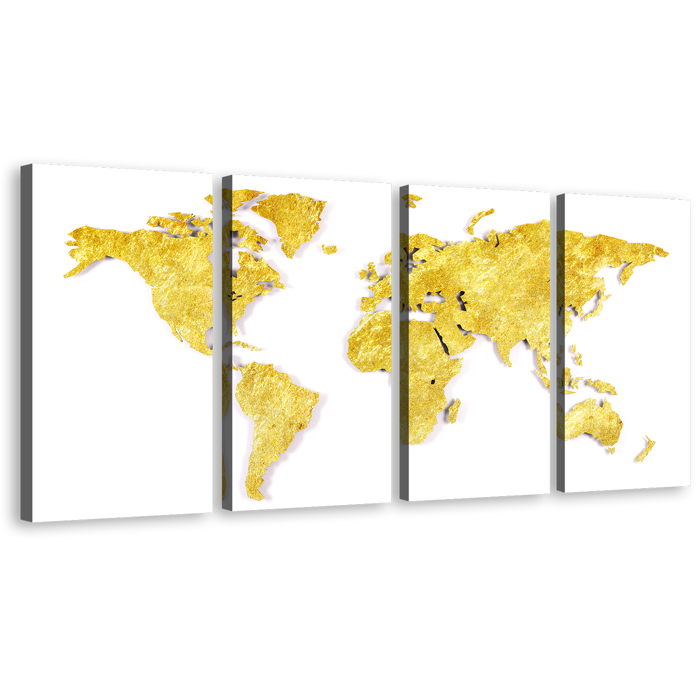 World Map Canvas Wall Art, White Globe Flat World 4 Piece Canvas Print, Yellow Map of Continents Multiple Canvas