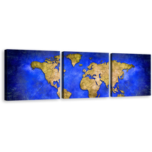 Load image into Gallery viewer, World Map Canvas Wall Art, Yellow Map of Continents 3 Piece Canvas Print, Blue Abstract Map Triptych Multi Canvas Artwork
