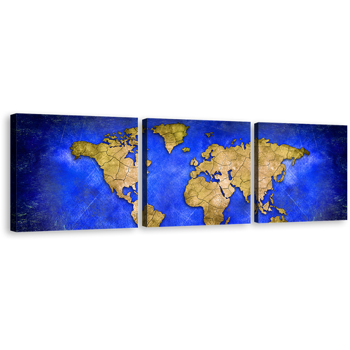 World Map Canvas Wall Art, Yellow Map of Continents 3 Piece Canvas Print, Blue Abstract Map Triptych Multi Canvas Artwork