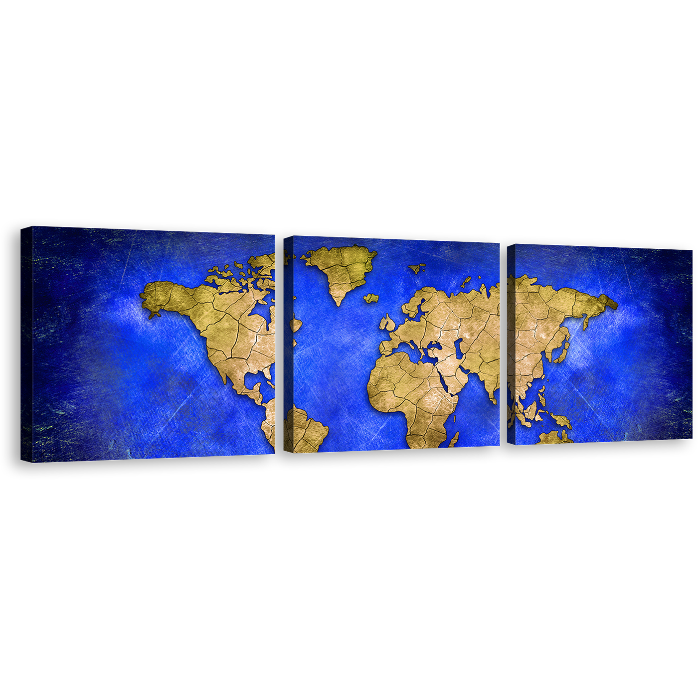 World Map Canvas Wall Art, Yellow Map of Continents 3 Piece Canvas Print, Blue Abstract Map Triptych Multi Canvas Artwork