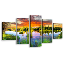 Load image into Gallery viewer, Wyoming Landscape Canvas Print, Dramatic Orange Sky Canvas Wall Art, Grand Tetons Green Trees Multi Canvas, Snake River Mountain Scenery 5 Piece Canvas
