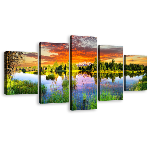 Wyoming Landscape Canvas Print, Dramatic Orange Sky Canvas Wall Art, Grand Tetons Green Trees Multi Canvas, Snake River Mountain Scenery 5 Piece Canvas