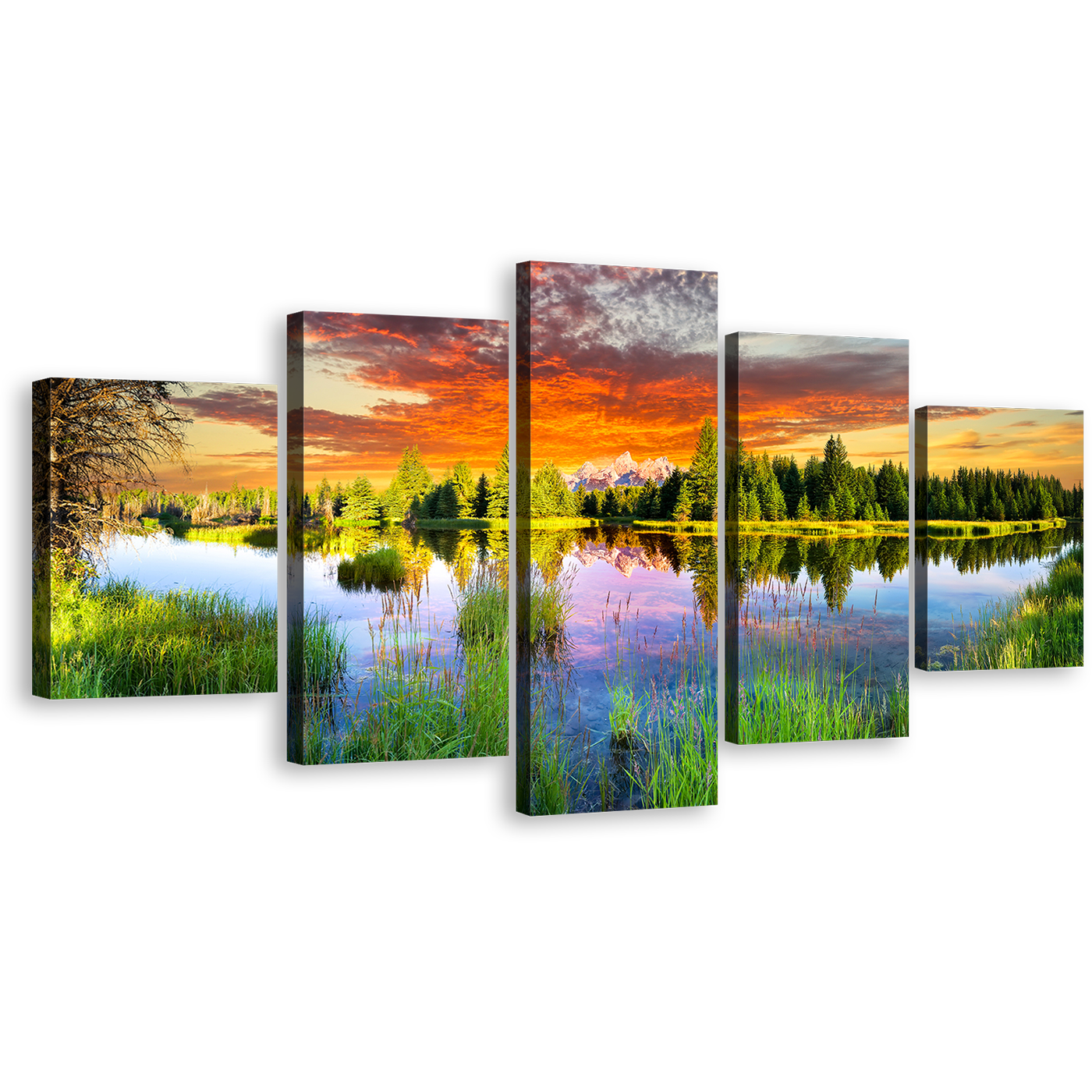 Wyoming Landscape Canvas Print, Dramatic Orange Sky Canvas Wall Art, Grand Tetons Green Trees Multi Canvas, Snake River Mountain Scenery 5 Piece Canvas