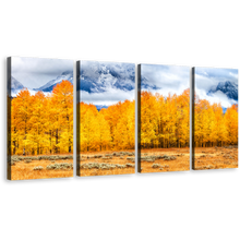 Load image into Gallery viewer, Wyoming Mountain Canvas Print, Orange Grand Tetons National Park Canvas Set, Golden Autumn Trees Clouds 4 Piece Wall Art
