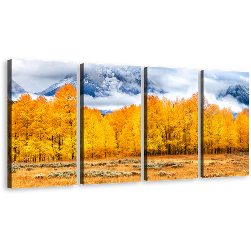 Wyoming Mountain Canvas Print, Orange Grand Tetons National Park Canvas Set, Golden Autumn Trees Clouds 4 Piece Wall Art