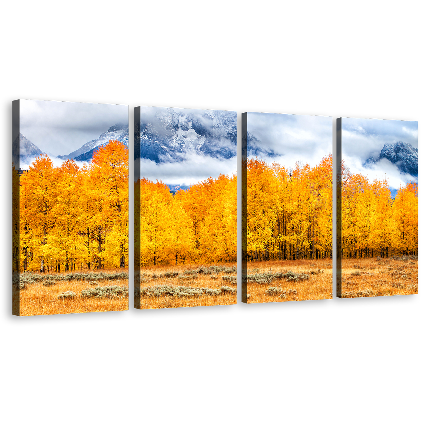 Wyoming Mountain Canvas Print, Orange Grand Tetons National Park Canvas Set, Golden Autumn Trees Clouds 4 Piece Wall Art