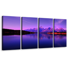 Load image into Gallery viewer, Wyoming Mountains Canvas Wall Art, Purple Ocean Mountains Sky Split Canvas, Blue Jackson Lake Canvas Print, Teton National Park 4 Piece Canvas
