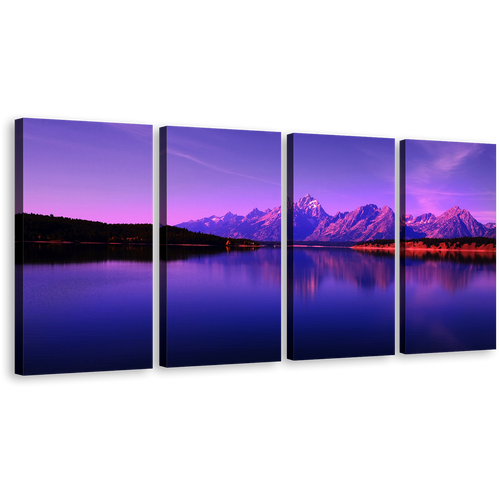 Wyoming Mountains Canvas Wall Art, Purple Ocean Mountains Sky Split Canvas, Blue Jackson Lake Canvas Print, Teton National Park 4 Piece Canvas