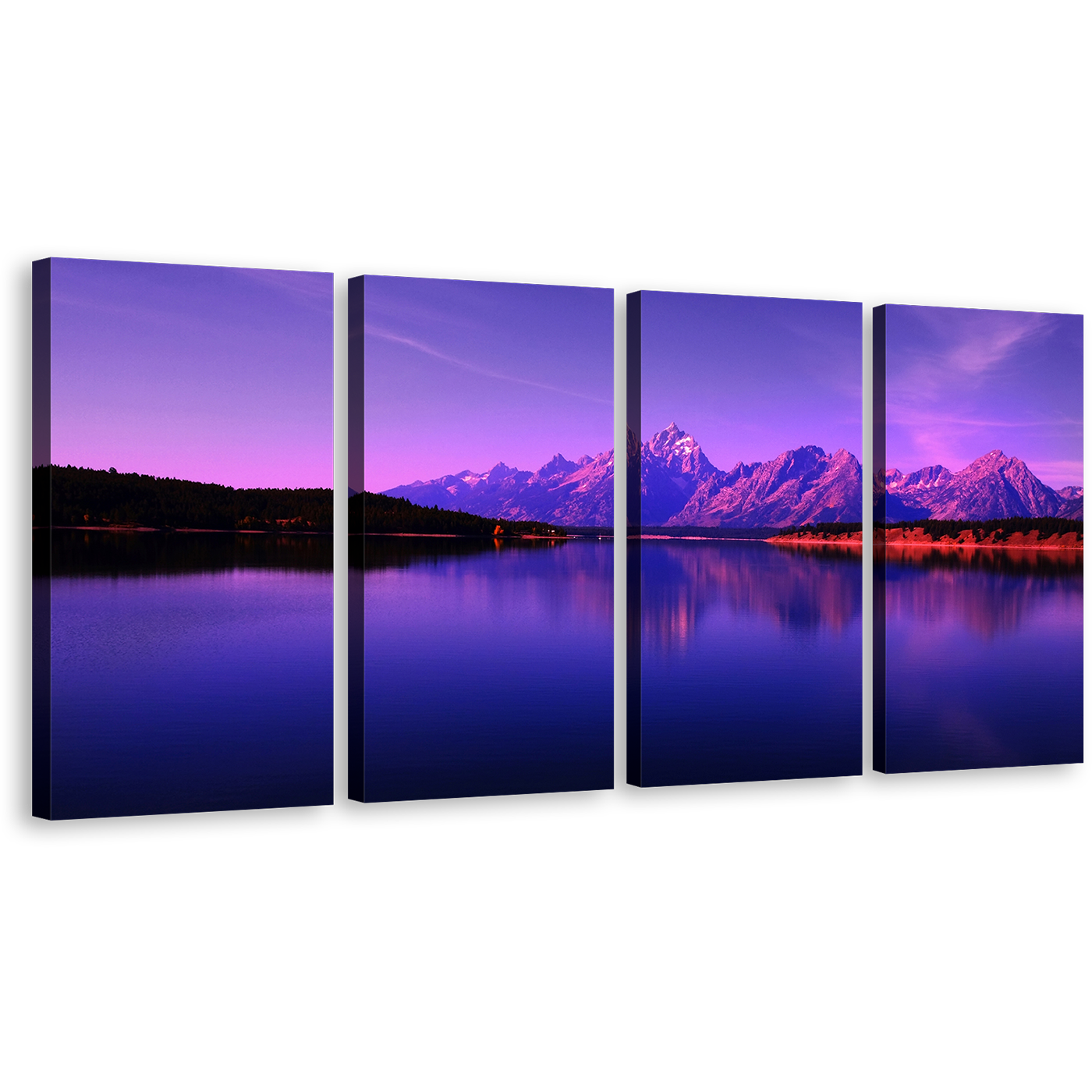 Wyoming Mountains Canvas Wall Art, Purple Ocean Mountains Sky Split Canvas, Blue Jackson Lake Canvas Print, Teton National Park 4 Piece Canvas