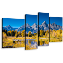 Load image into Gallery viewer, Wyoming Mountains Wall Art, Golden Aspen Trees Grand Tetons National Park Canvas Print, Blue Sky Ocean Mountain 4 Piece Multi Canvas
