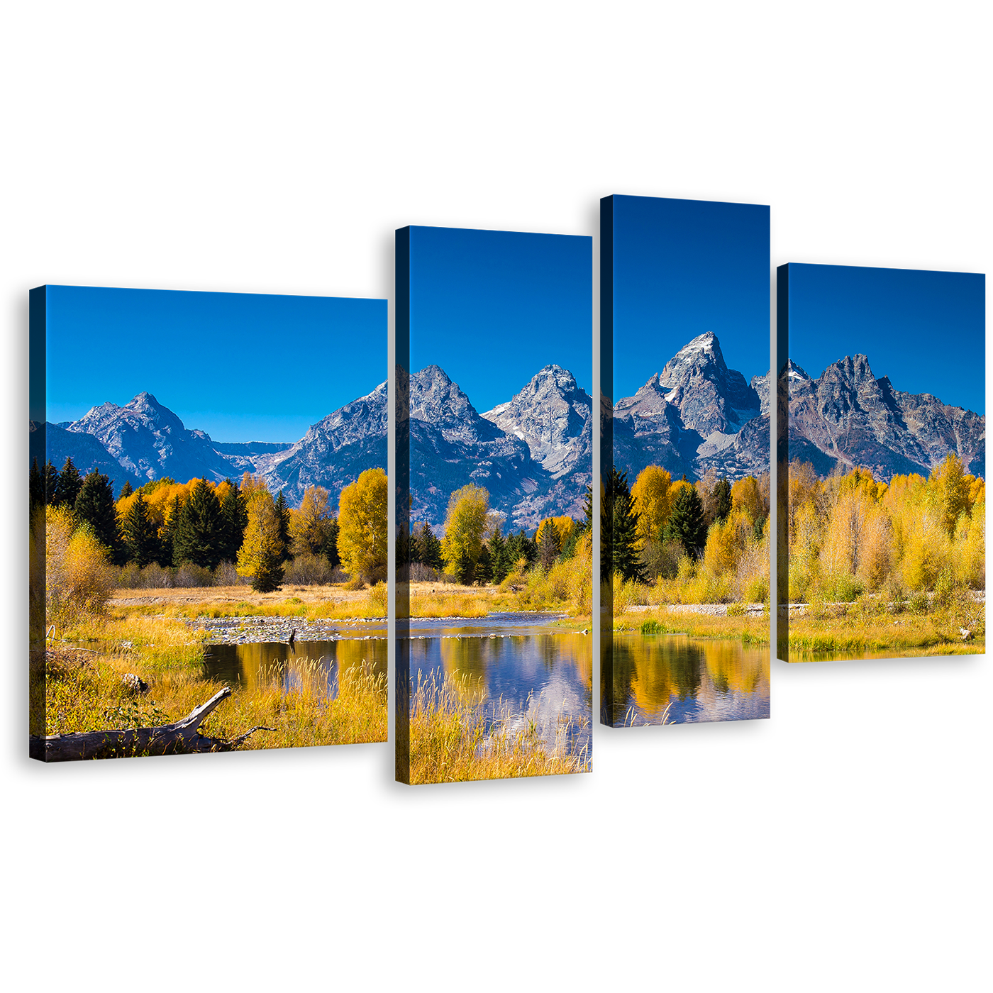 Wyoming Mountains Wall Art, Golden Aspen Trees Grand Tetons National Park Canvas Print, Blue Sky Ocean Mountain 4 Piece Multi Canvas