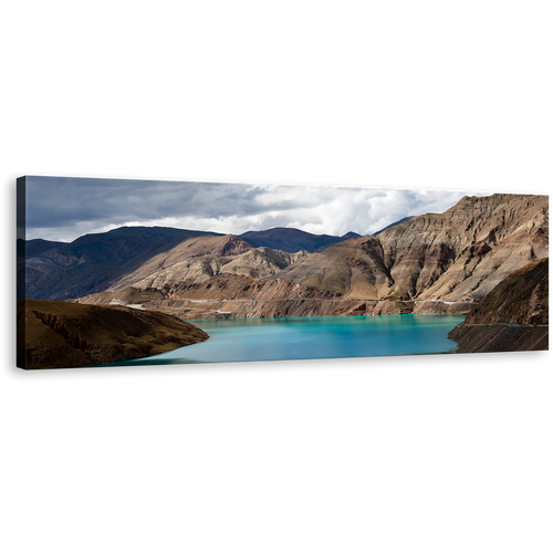 Yamdrok Lake Canvas Wall Art, Yamdrok Yumtso Brown Ocean Mountain Panoramic Canvas, Sacred Blue Tibet Lat Canvas Print