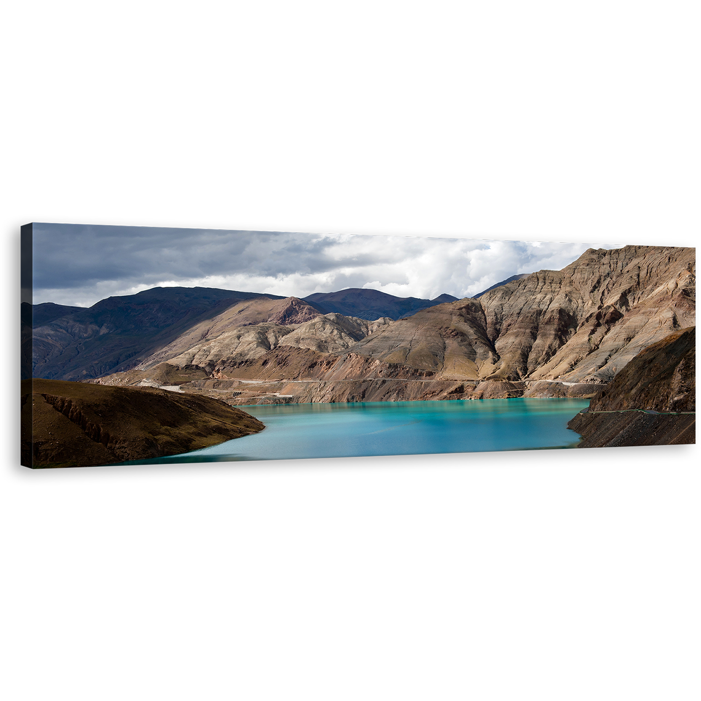 Yamdrok Lake Canvas Wall Art, Yamdrok Yumtso Brown Ocean Mountain Panoramic Canvas, Sacred Blue Tibet Lat Canvas Print