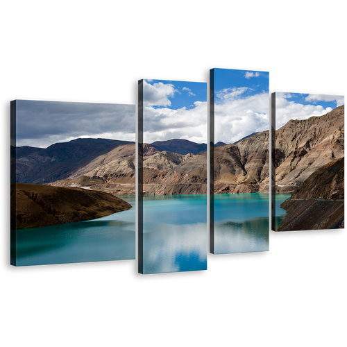 Yamdrok Yumtso Canvas Wall Art, Brown Ocean Mountain Canvas Set, Sacred Blue Tibet Lat Canvas Print, Yamdrok Lake 4 Piece Multiple Canvas