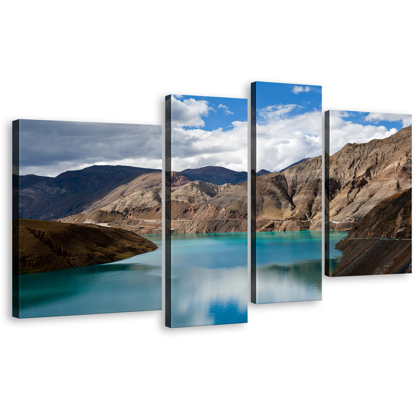 Yamdrok Yumtso Canvas Wall Art, Brown Ocean Mountain Canvas Set, Sacred Blue Tibet Lat Canvas Print, Yamdrok Lake 4 Piece Multiple Canvas