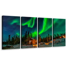 Load image into Gallery viewer, Yellowknife Aurora Canvas Wall Art, Dramatic Blue Starry Sky Canvas Set, Canada Green Aurora 4 Piece Canvas Print
