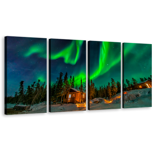 Yellowknife Aurora Canvas Wall Art, Dramatic Blue Starry Sky Canvas Set, Canada Green Aurora 4 Piece Canvas Print