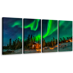 Yellowknife Aurora Canvas Wall Art, Dramatic Blue Starry Sky Canvas Set, Canada Green Aurora 4 Piece Canvas Print