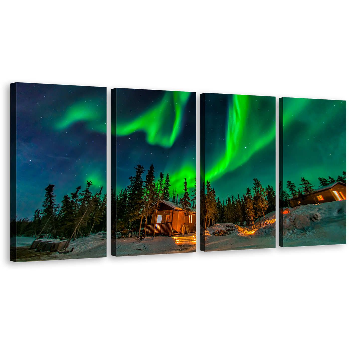 Yellowknife Aurora Canvas Wall Art, Dramatic Blue Starry Sky Canvas Set, Canada Green Aurora 4 Piece Canvas Print