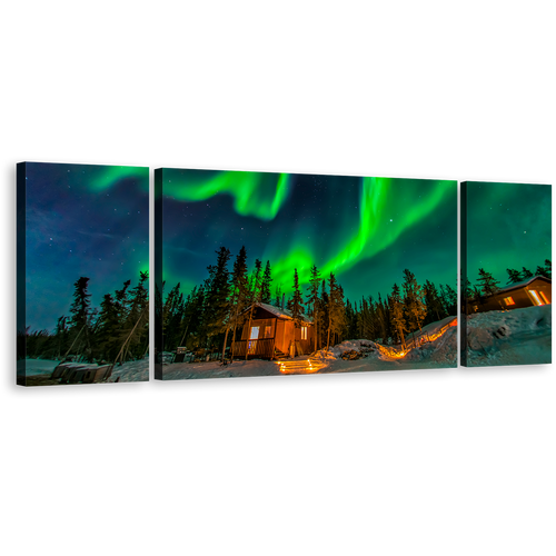 Yellowknife Canada Canvas Wall Art, Green Aurora Borealis 3 Piece Multi Canvas, Aurora Blue Starry Sky Triptych Canvas Print