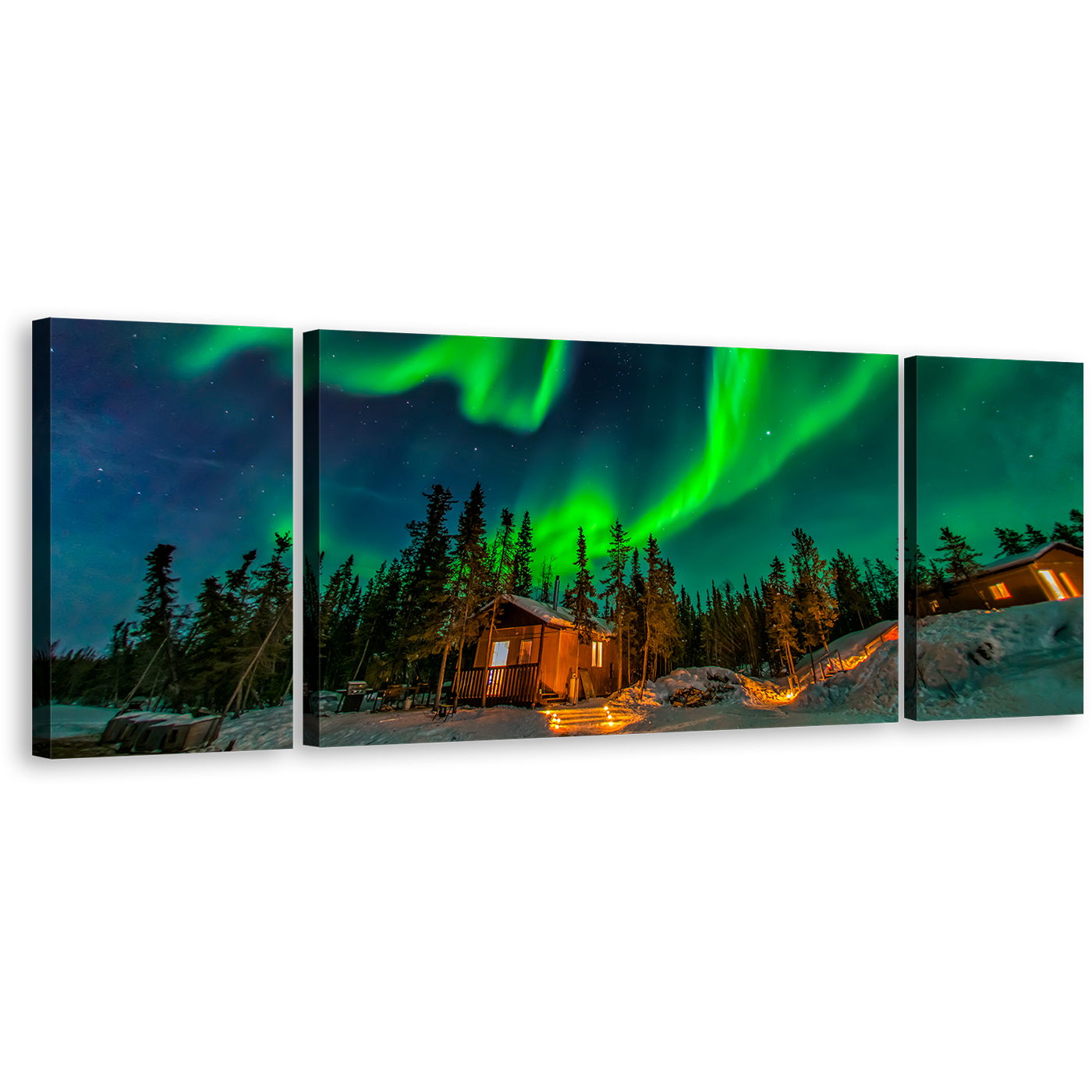 Yellowknife Canada Canvas Wall Art, Green Aurora Borealis 3 Piece Multi Canvas, Aurora Blue Starry Sky Triptych Canvas Print